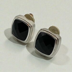 Vintage 925 Sterling Silver Black Onyx Clip-On Earrings